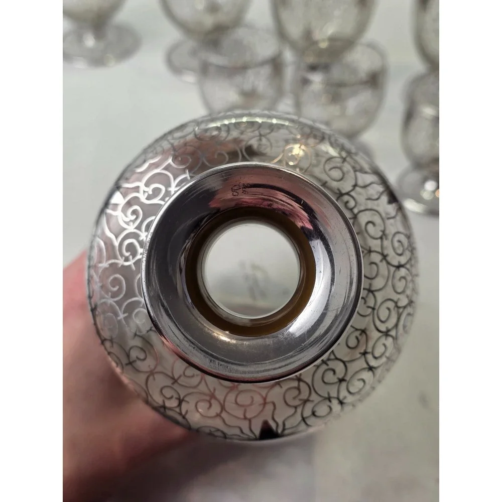 Vintage Saint Graal Silver Overlay Crystal Decanter & Glasses Cosmic Star France